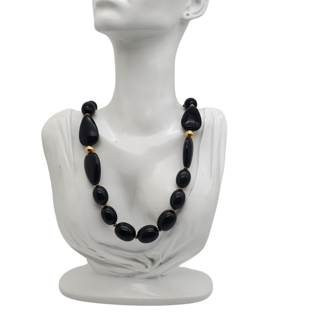 Napier Black & Gold Beaded Necklace Acrylic Graduated‎ Barrel Beads MCM 1960s - Picture 2 of 10